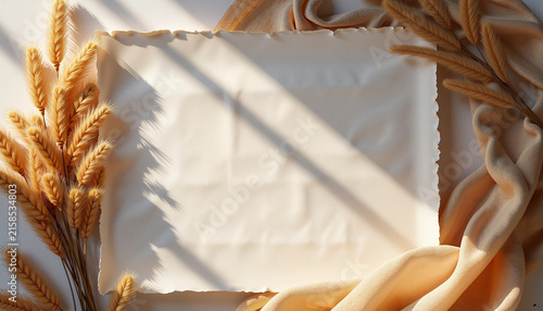 empty parchment paper surrounded by soft fabric and dried grasses illuminated by sunlight, concept blank canvas for artistic projects, with copy space