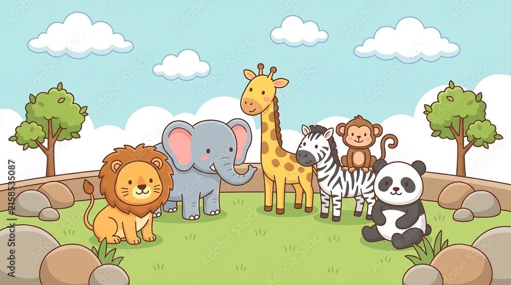 Naklejka premium Cute cartoon wild animals group in a zoo landscape illustration