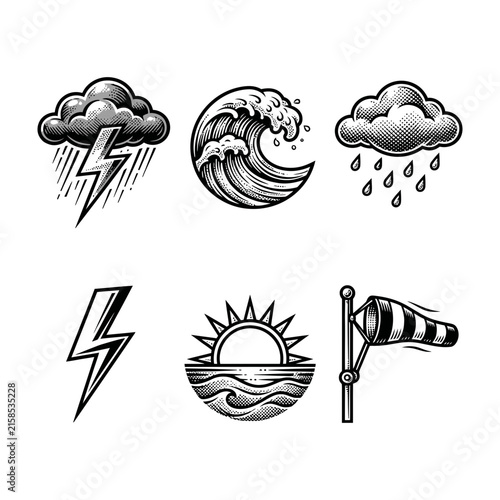 Fotografía Vintage Weather Icon Set With Storm Clouds Lightning Sun Rain Wave And Windsock