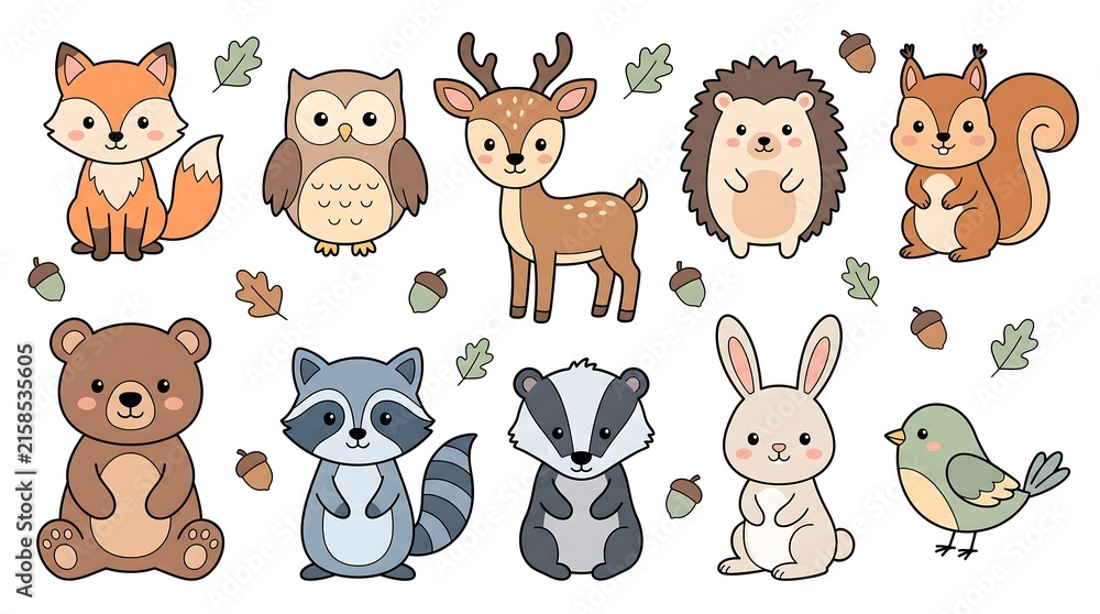 Fototapeta premium Cute woodland animal sticker set with fox owl deer hedgehog squirrel bear and rabbit