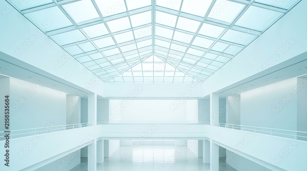 Fototapeta premium Minimalist modern architecture interior with glass skylight and white walls