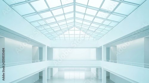 Minimalist modern architecture interior with glass skylight and white walls