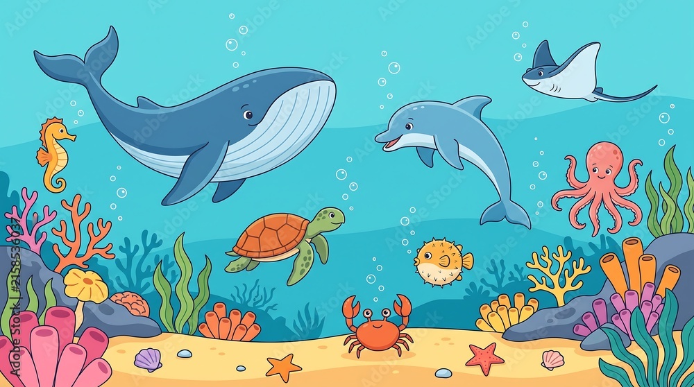 Naklejka premium Cartoon underwater scene with whale, dolphin, turtle and various sea animals in ocean
