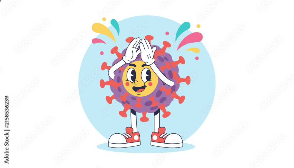 Fototapeta premium Retro cartoon style virus cell character looking stressed and covering its head with its hands on a circular blue backdrop.