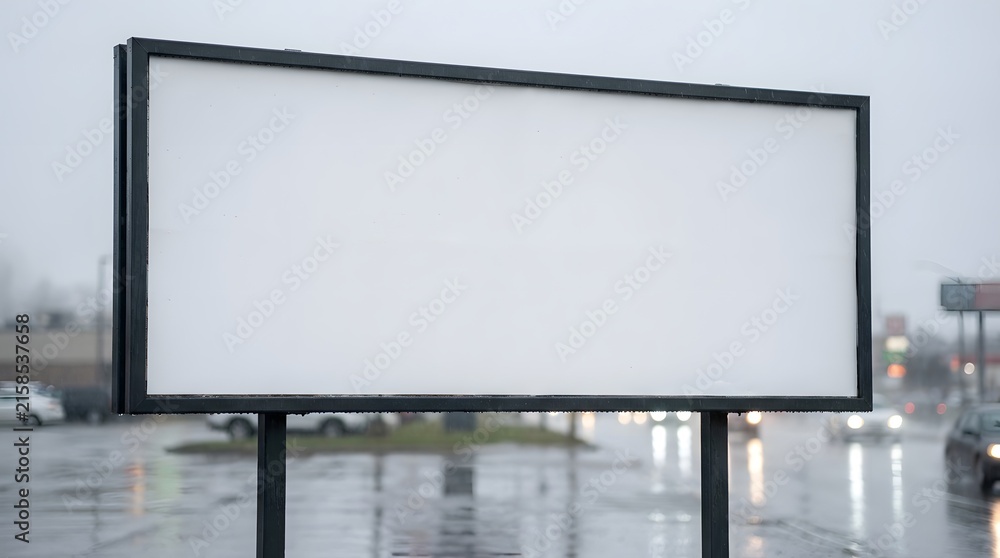 Fototapeta premium A large blank white billboard standing outdoors on a rainy day with a blurred city street background