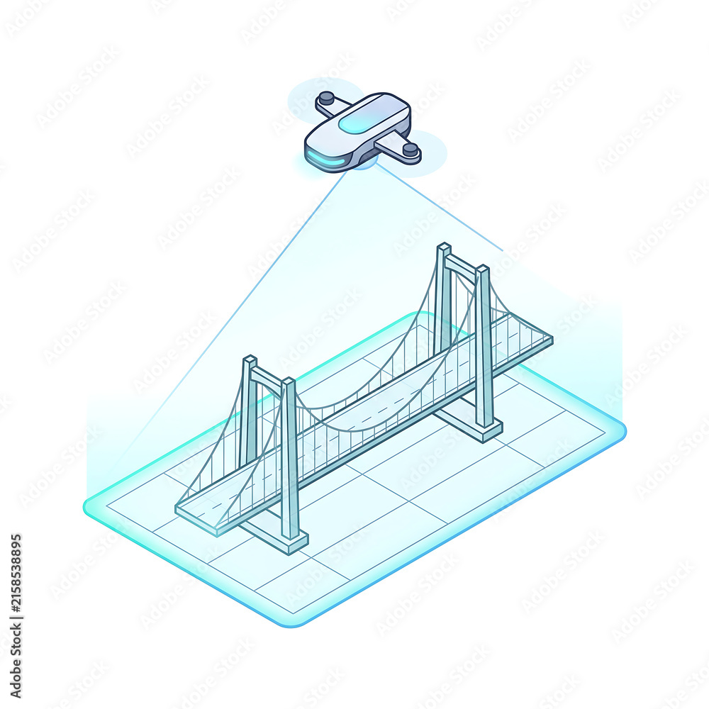 Fototapeta premium Isometric drone scanning bridge infrastructure concept, Future construction planning demonstration
