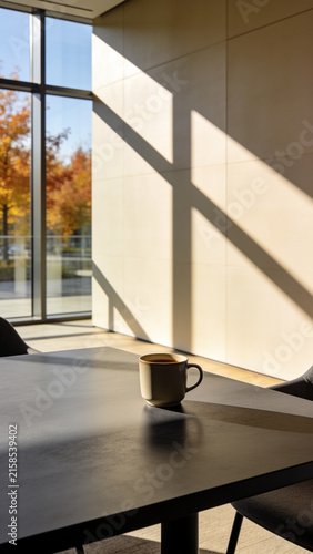 Coffee mug on a conference table in a modern office with large window showing autumn trees and warm geometric window shadows