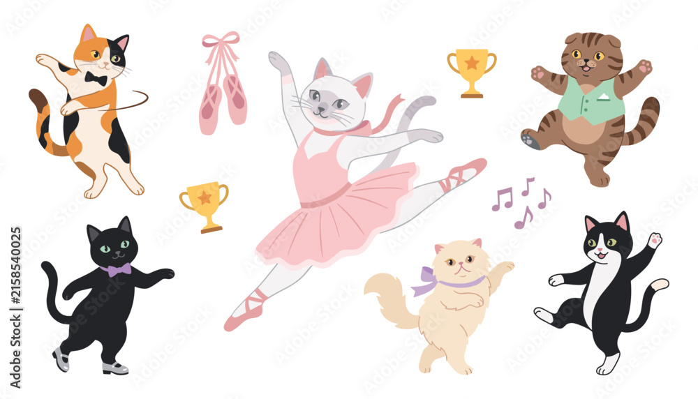 Naklejka premium Cute Ballet and Dancing Cats Character Set with Ballerina Tutu, Pointe Shoes, Music Notes, and Trophy Icons for Whimsical School of Dance Vector Designs