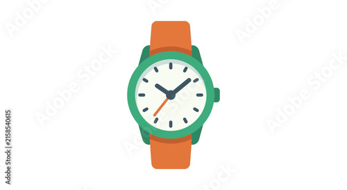 Bild auf Leinwand Flat wristwatch with an orange strap and green casing is displayed on a white ba