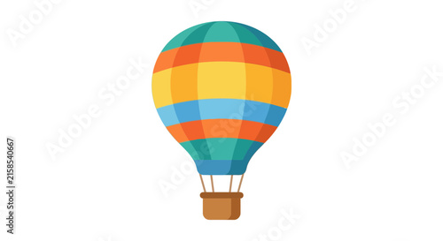 Colorful hot air balloon illustration features striped fabric and a woven basket