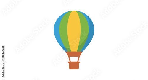 Colorful hot air balloon illustration features a striped envelope and wicker basket