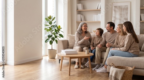 Happy Multi Generational Family Relaxing Together on Sofa in Modern Cozy Living Room