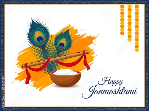 Happy janmashtami greeting card with flute peacock feathers and curd.
