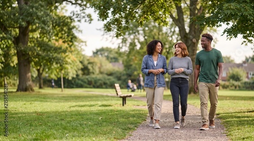Diverse Friends Walking and Talking on a Park Path