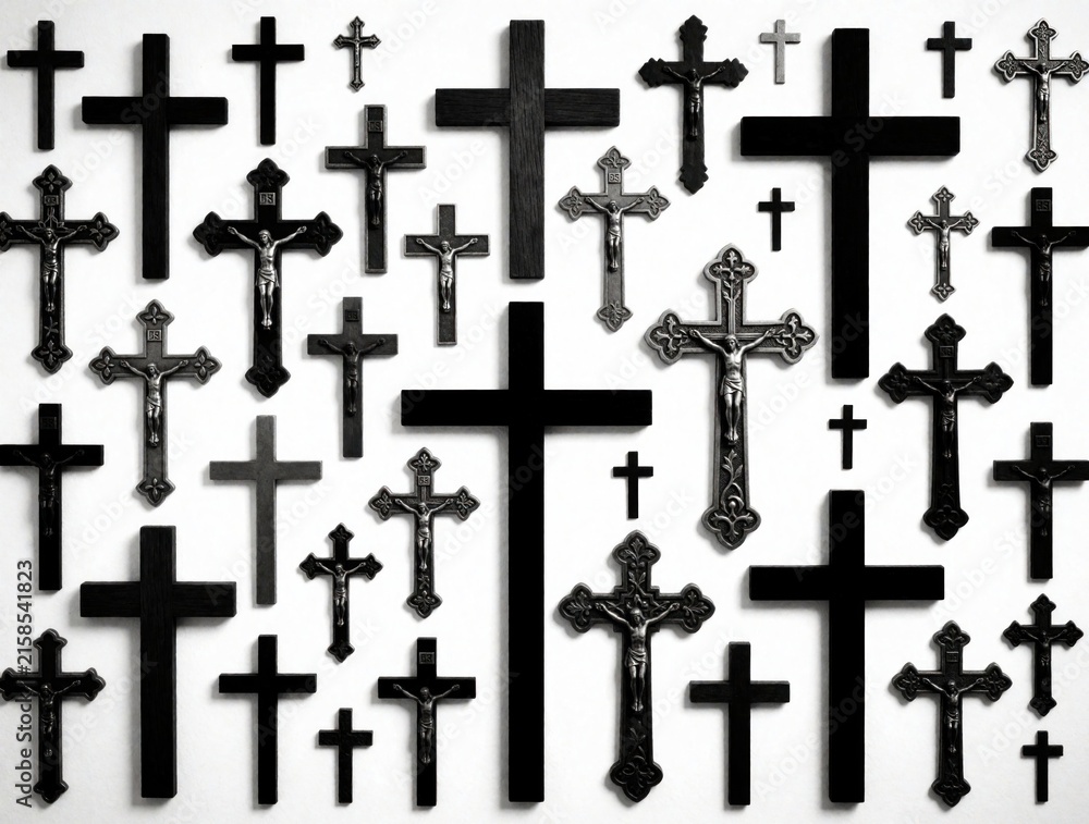 Fototapeta premium Collection of various black Christian crosses in different sizes, styles on white background. Many religious crucifix symbols with Jesus figure show diverse church ornaments. Set includes simple