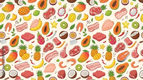 Colorful Hand Drawn Food Seamless Pattern with Meat Fish and Exotic Fruits Background Design