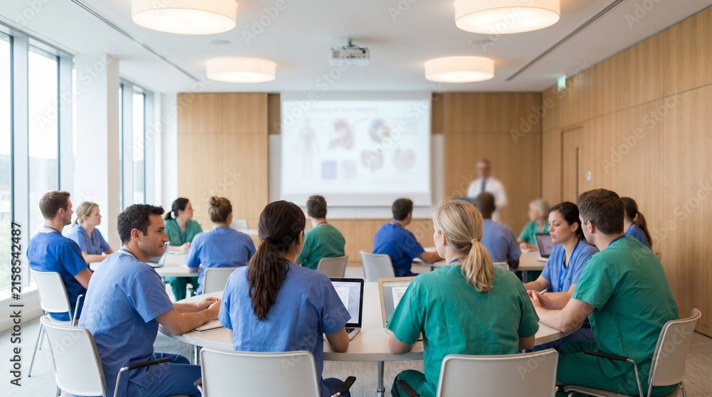 Obraz premium Healthcare Professionals Attending Medical Training Seminar in Modern Conference Room.