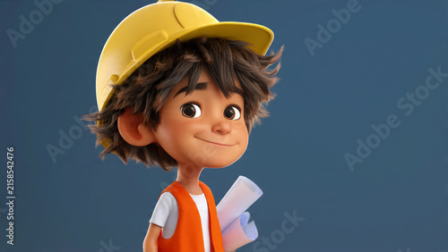 Cute 3D animated boy character wearing a yellow hard hat and orange safety vest holding blueprints