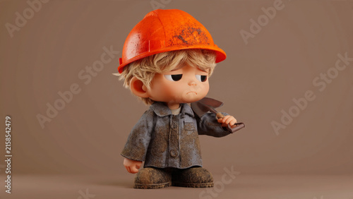 Charming little figurine of a determined young worker in an orange hard hat and dirty clothes, carrying a shovel, embodying perseverance and effort