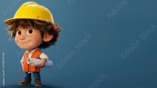 Cute 3D Cartoon Little Boy Architect in Hard Hat and Safety Vest Holding Blueprint with Copy Space