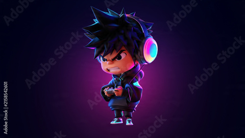 3D illustration of an angry young gamer boy with neon headphones and controller in a dark cyberpunk room
