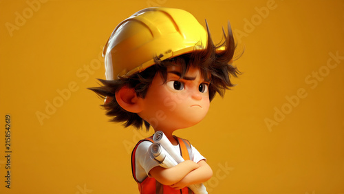 Displeased Cartoon Construction Worker Character Illustration with Safety Helmet and Plans, Concept Art