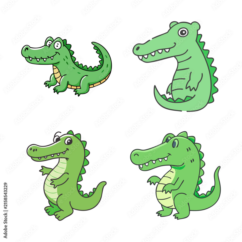 Fototapeta premium Four green cartoon crocodiles walking together - Bright green cartoon crocodiles in playful poses, simple and cheerful design for illustrations or animations.