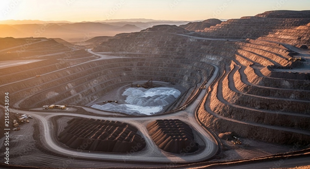 Obraz premium Vast open-pit lithium mine operation in a remote, mountainous landscape at sunrise, showcasing industrial extraction and resource production.