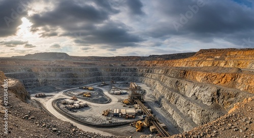Vast open-pit gold mine with heavy machinery operating under a cloudy sky