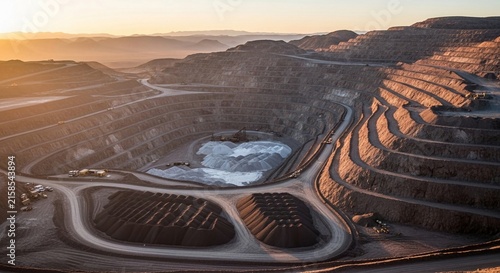 Vast open-pit lithium mine operation in a remote, mountainous landscape at sunrise, showcasing industrial extraction and resource production.
