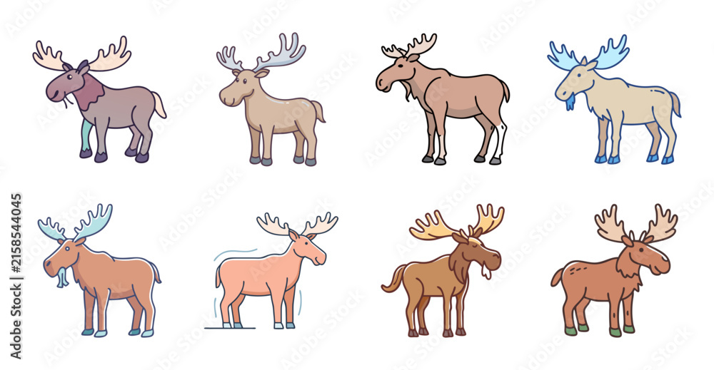 Fototapeta premium Cartoon reindeer and moose icons with antlers - Colorful cartoon-style reindeer and moose icons featuring antlers, ideal for holiday or nature-themed projects.
