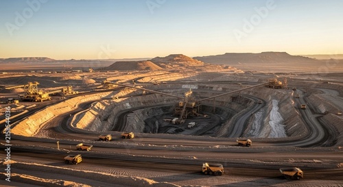 Vast open-pit mine operation with heavy machinery and haul trucks in the desert landscape at sunrise