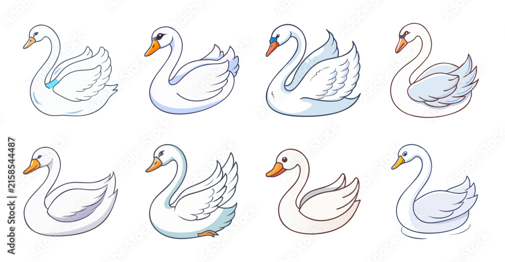 Obraz premium Colorful swans swimming in a row - A cheerful line of swans in different colors gracefully swimming together in a calm setting.