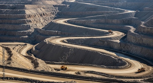 Vast open-pit mine with winding roads and heavy transport trucks in action