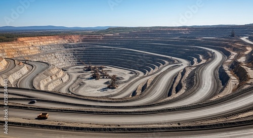 Vast open-pit mine with winding roads and layered terraces under a clear blue sky