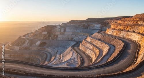Vast open-pit mine with winding roads and layered terraces at sunrise, showcasing industrial excavation.