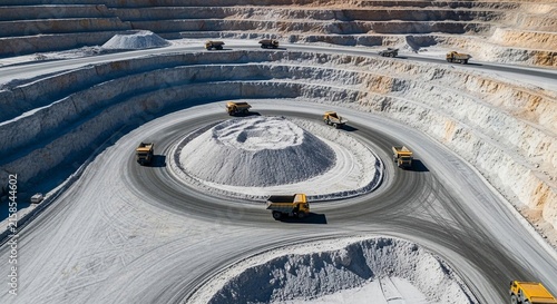 Vast open-pit mine with yellow haul trucks navigating circular roads, showcasing industrial excavation and resource extraction from above.
