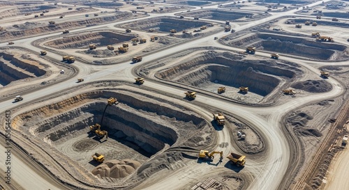 Vast open-pit mining complex with numerous trucks and excavators in operation, showcasing industrial scale resource extraction and heavy machinery.
