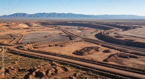 Vast open-pit mining excavation site with extensive roads and distant mountains under a clear blue sky