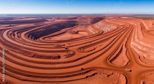 Vast open-pit mining operation showcasing layered earth formations and vast industrial excavation from a high aerial perspective.