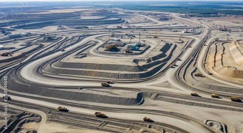 Vast Open-Pit Mining Operation Landscape With Heavy Machinery And Trucks Moving Earth Under A Bright Sky
