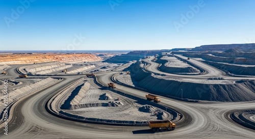 Vast open-pit mining operation with heavy haul trucks navigating expansive excavated terrain under a clear blue sky
