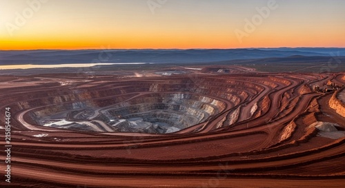 Vast open-pit nickel mine at sunrise, showcasing enormous scale and industrial operation
