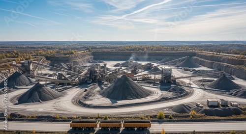 Vast quarry operation with extensive machinery and piles of aggregate seen from a wide aerial drone perspective.