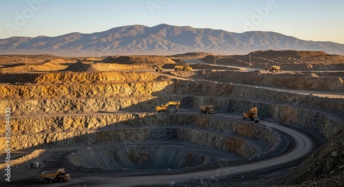 Vast terraced gold mining landscape with excavators and trucks under a golden sunset sky