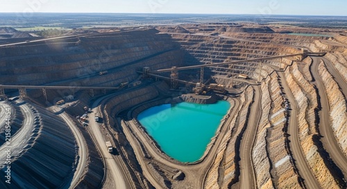 Vast turquoise water pool within a massive open-pit copper mine showcasing extensive excavation and industrial operations from an aerial perspective