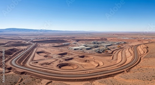 Vast Uranium Mining Complex Facility Under a Clear Blue Sky in an Arid Industrial Landscape