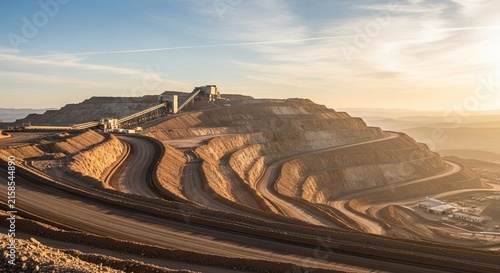Vast uranium mining operation with extensive terraced hills and industrial structures under a clear sky
