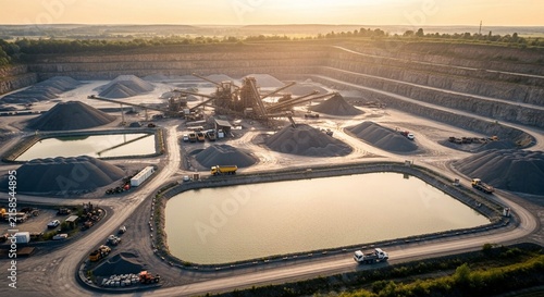 Wide Aerial Landscape of a Large Industrial Quarry Operation at Golden Hour