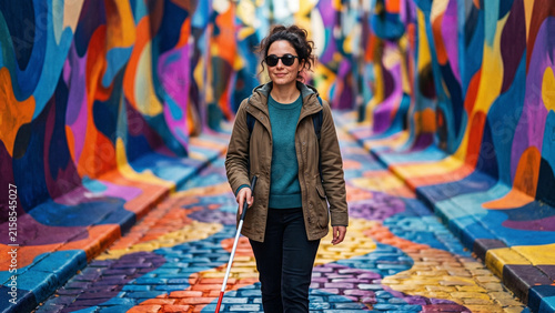 International Day of the White Cane. Blind woman walking confidently in a vibrant street art alley